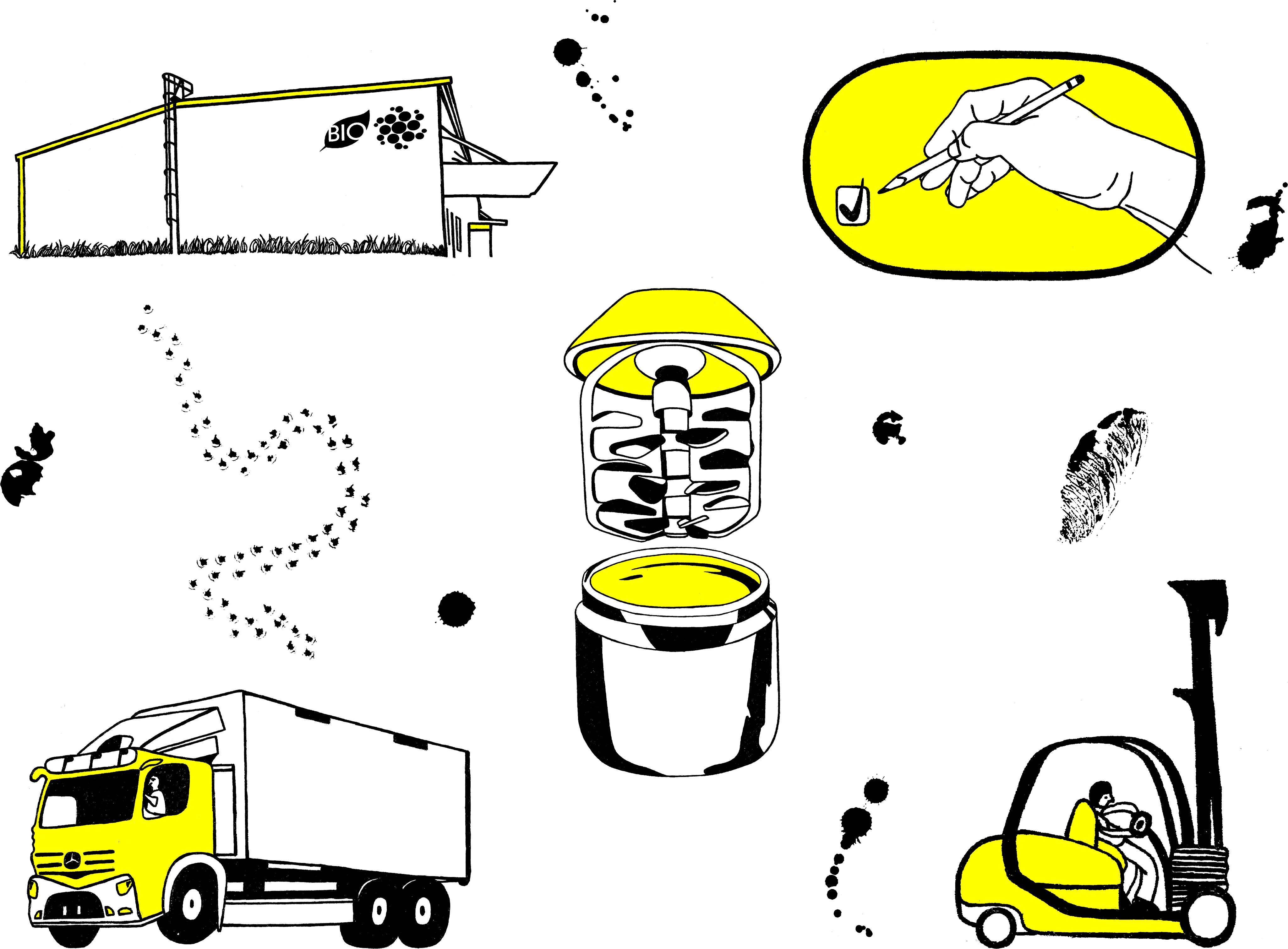 Illustration of a hall, a truck, a production boiler, a forklift, a ticked box